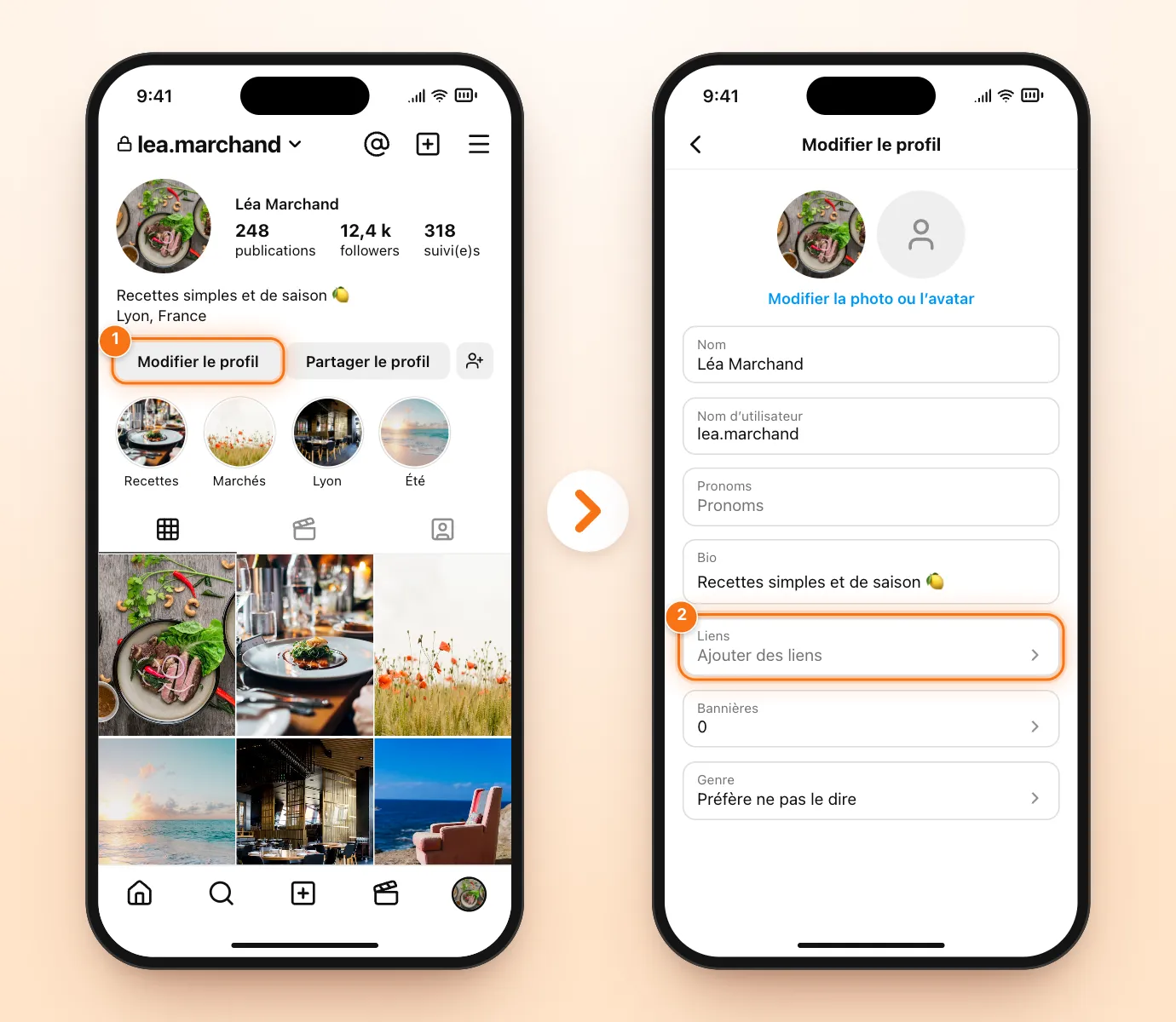 Deux écrans Instagram : le profil avec le bouton Modifier le profil mis en évidence, puis l’écran « Modifier le profil » avec l’entrée Liens mise en évidence