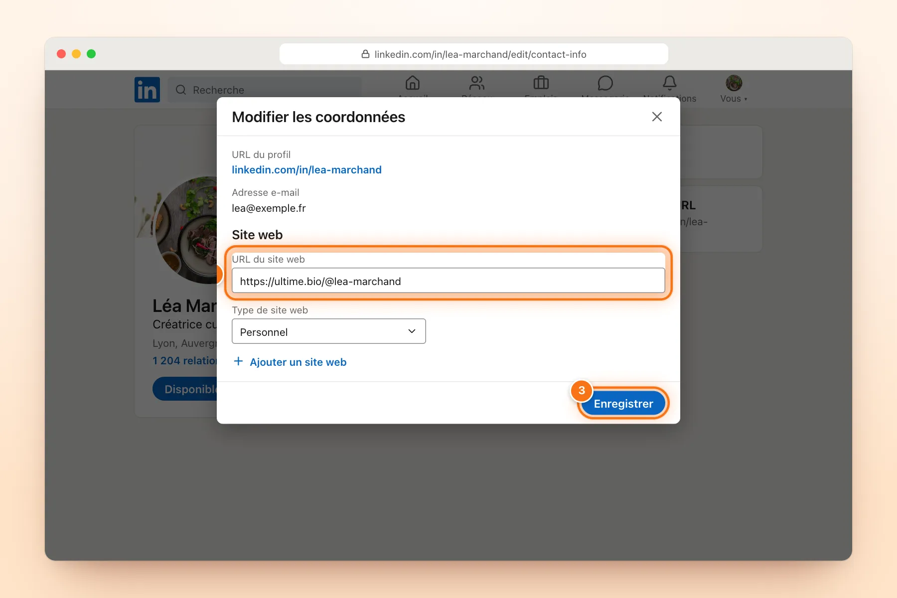 Fenêtre « Modifier les coordonnées » de LinkedIn avec l’URL du site web https://ultime.bio/@lea-marchand, le type Personnel et le bouton Enregistrer mis en évidence