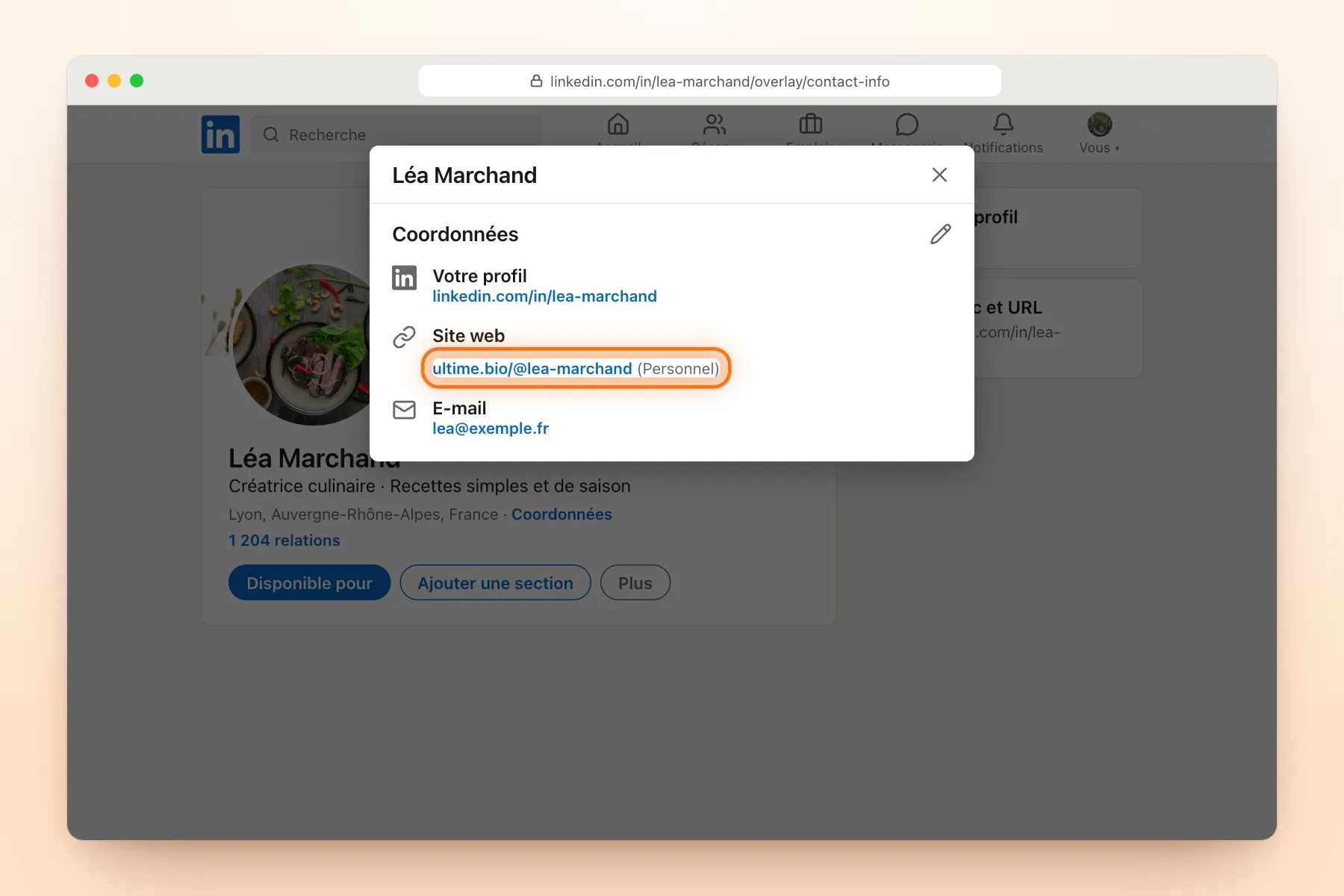Fenêtre « Coordonnées » du profil LinkedIn avec le site web ultime.bio/@lea-marchand mis en évidence