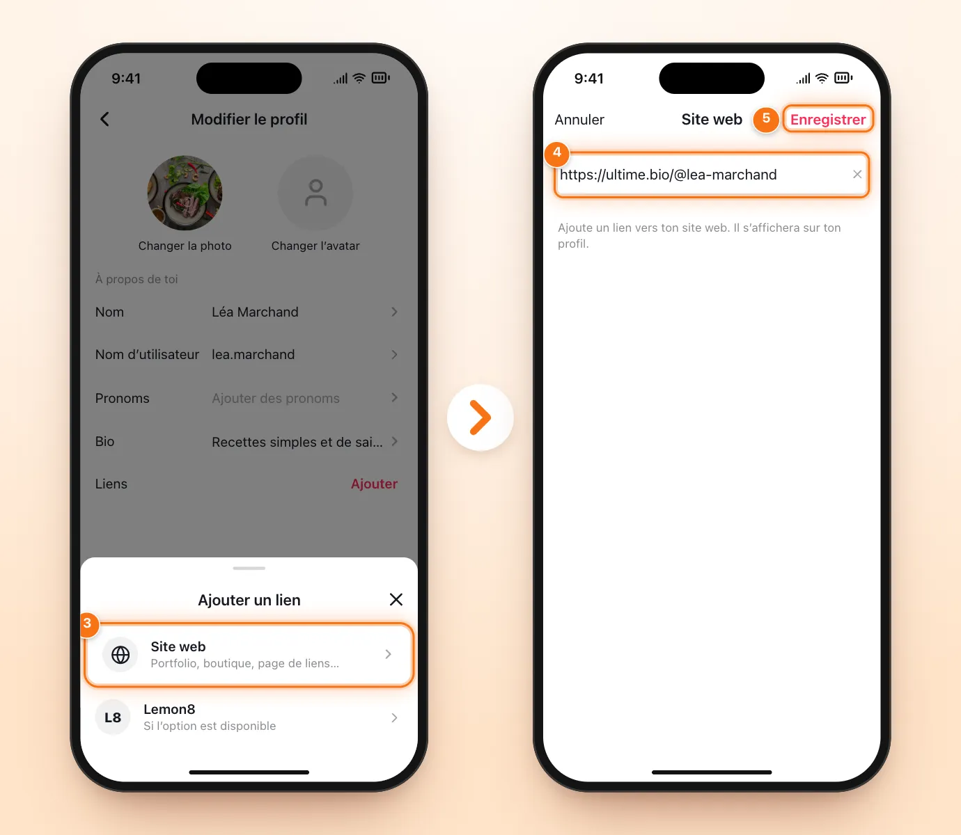 Deux écrans TikTok : le choix « Ajouter un lien » avec Site web mis en évidence, puis le champ du site web rempli avec https://ultime.bio/@lea-marchand et le bouton Enregistrer mis en évidence