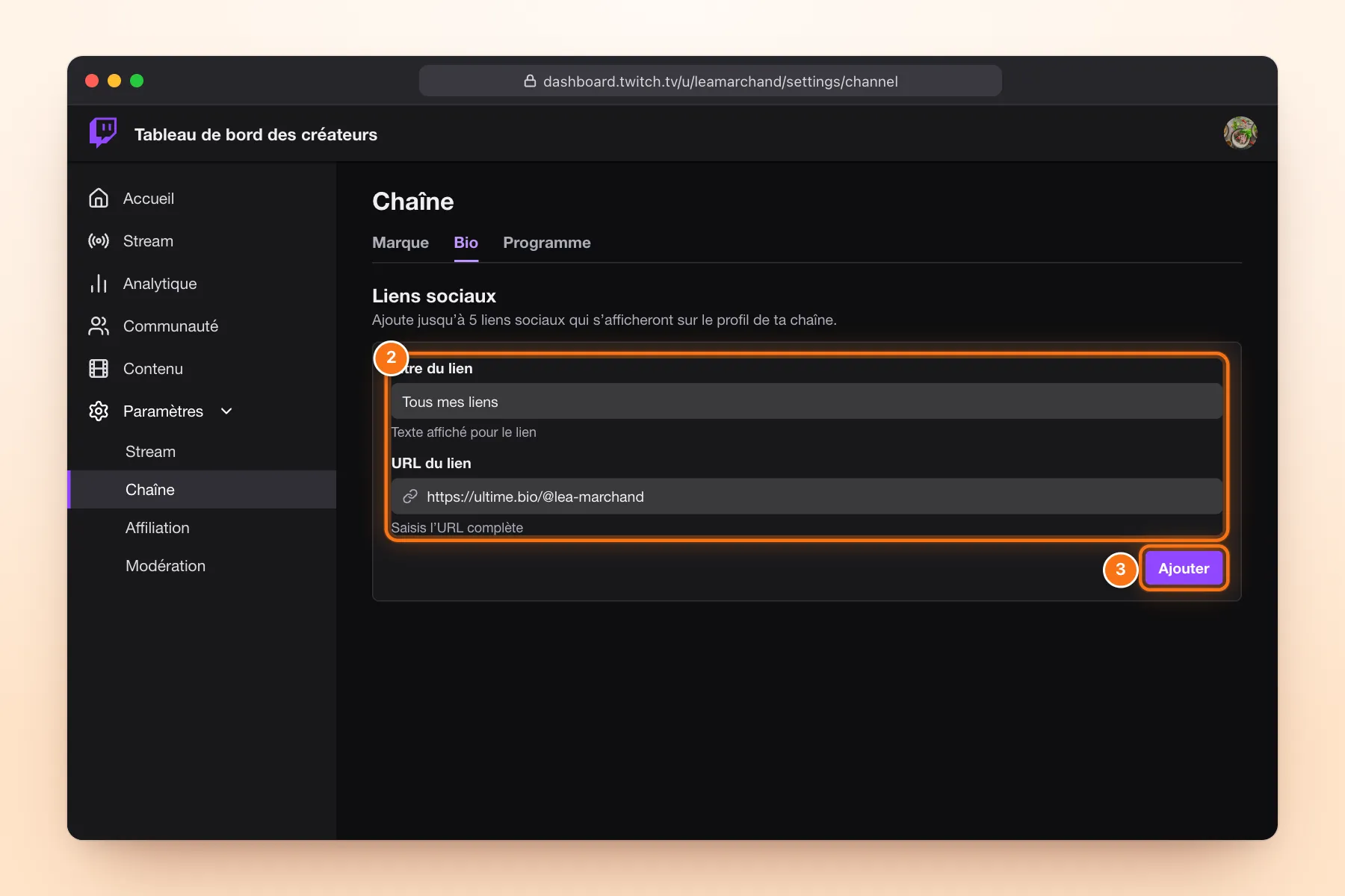 Paramètres de la chaîne Twitch, onglet Bio : formulaire Liens sociaux rempli avec le titre « Tous mes liens » et l’URL https://ultime.bio/@lea-marchand, bouton Ajouter mis en évidence