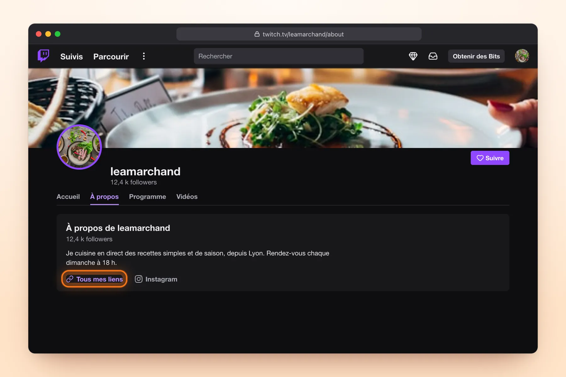 Section « À propos » de la chaîne Twitch de Léa Marchand avec le lien Tous mes liens mis en évidence