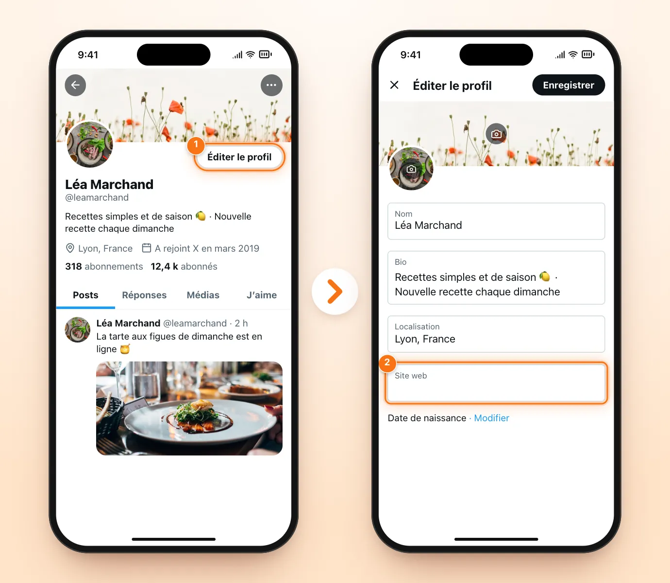 Deux écrans X : le profil avec le bouton Éditer le profil mis en évidence, puis l’écran « Éditer le profil » avec le champ Site web vide mis en évidence