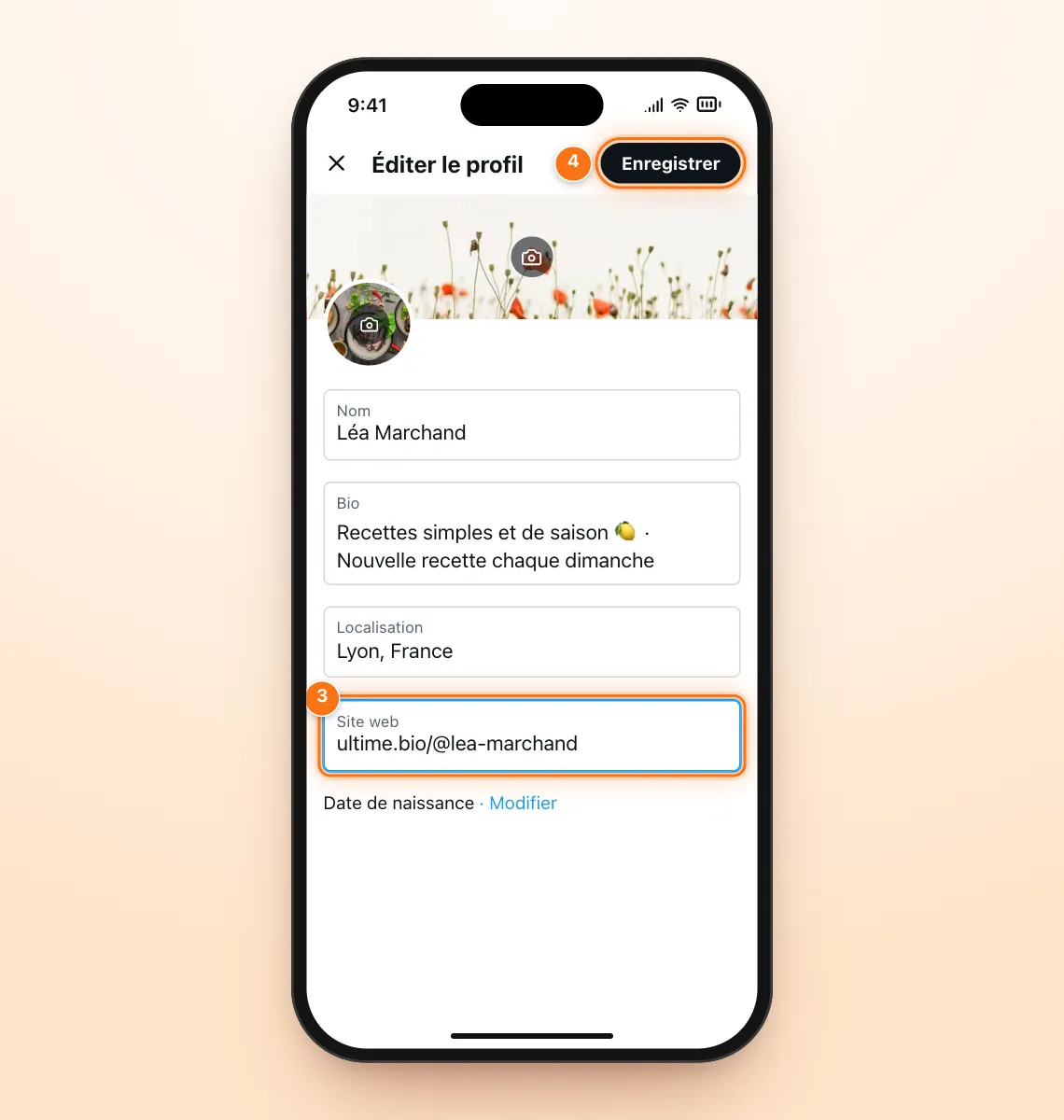 Écran « Éditer le profil » de X avec le champ Site web rempli avec ultime.bio/@lea-marchand et le bouton Enregistrer mis en évidence