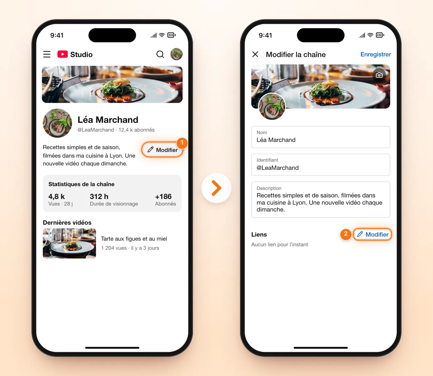 Deux écrans de l’application YouTube Studio : la chaîne avec le bouton Modifier à côté de la description mis en évidence, puis l’écran « Modifier la chaîne » avec le bouton Modifier de la section Liens mis en évidence