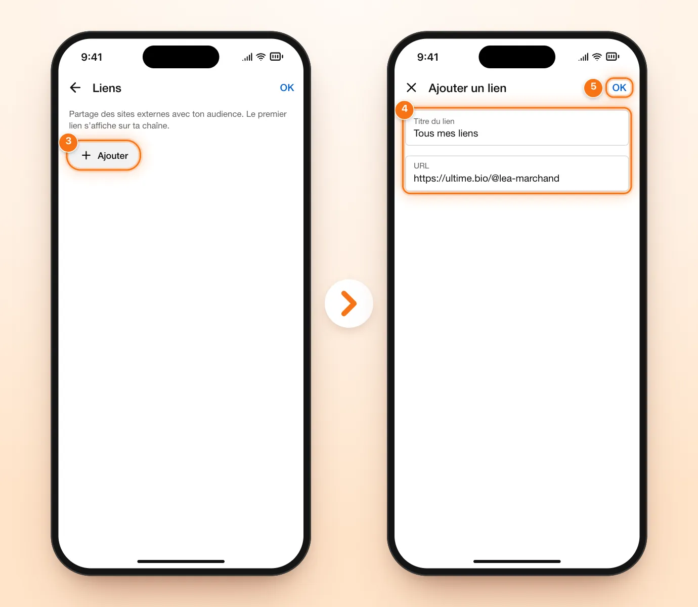 Deux écrans de l’application YouTube Studio : la section « Liens » avec Ajouter mis en évidence, puis le formulaire rempli avec le titre « Tous mes liens » et l’URL https://ultime.bio/@lea-marchand, bouton OK mis en évidence