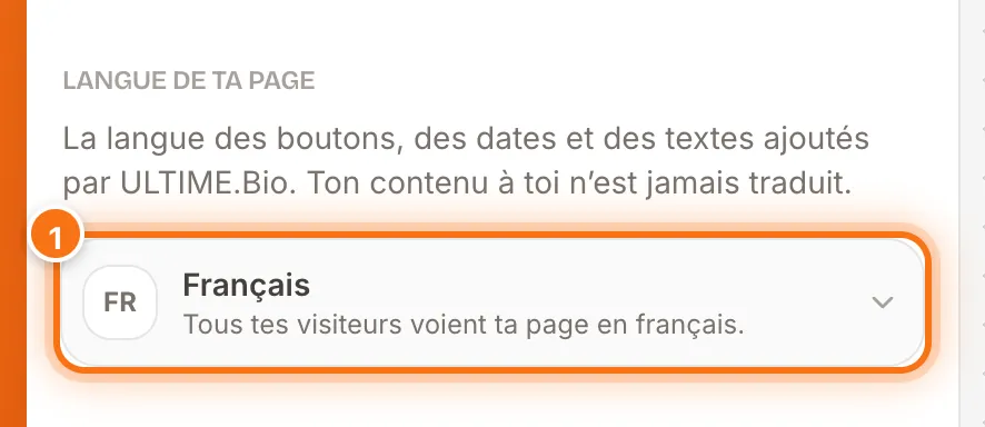Onglet Réglages du studio avec la partie « Langue de ta page » et son bouton mis en évidence
