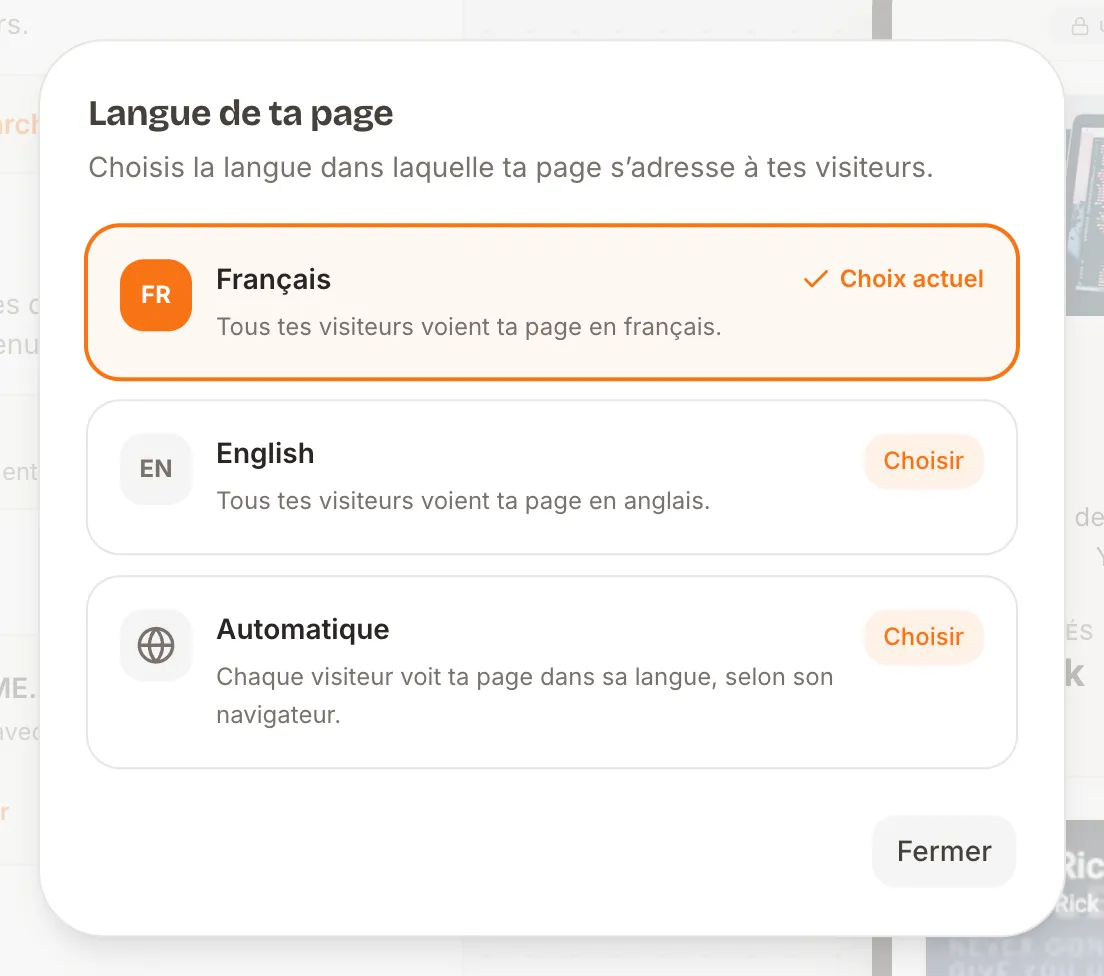 Fenêtre « Langue de ta page » avec les trois choix Français, English et Automatique