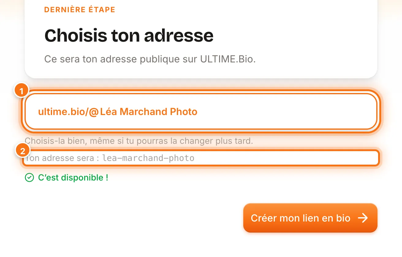 Champ d’adresse rempli avec « Léa Marchand Photo », la ligne Ton adresse sera : lea-marchand-photo et le message C’est disponible