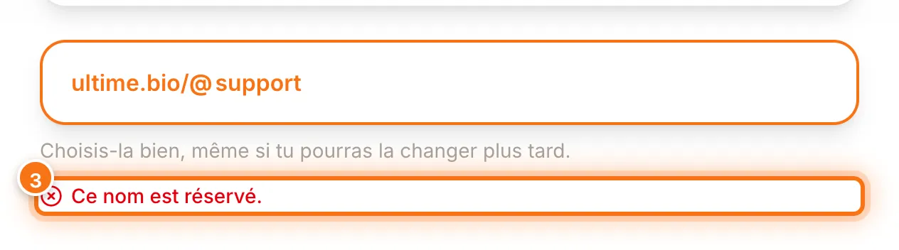 Champ d’adresse rempli avec « support » et le message d’erreur Ce nom est réservé