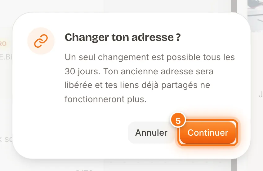 Fenêtre « Changer ton adresse ? » avec le bouton Continuer mis en évidence