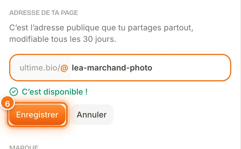 Champ de nouvelle adresse rempli avec lea-marchand-photo, le message C’est disponible et le bouton Enregistrer mis en évidence