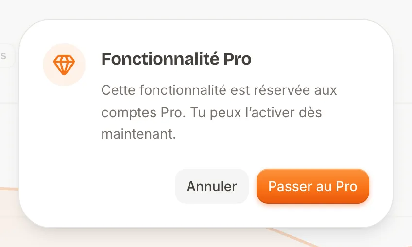 Fenêtre « Fonctionnalité Pro » avec le bouton Passer au Pro
