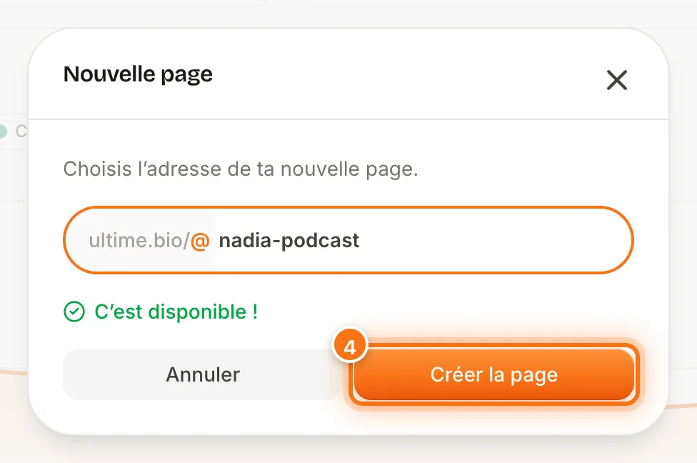 Fenêtre « Nouvelle page » avec une adresse disponible et le bouton Créer la page mis en évidence