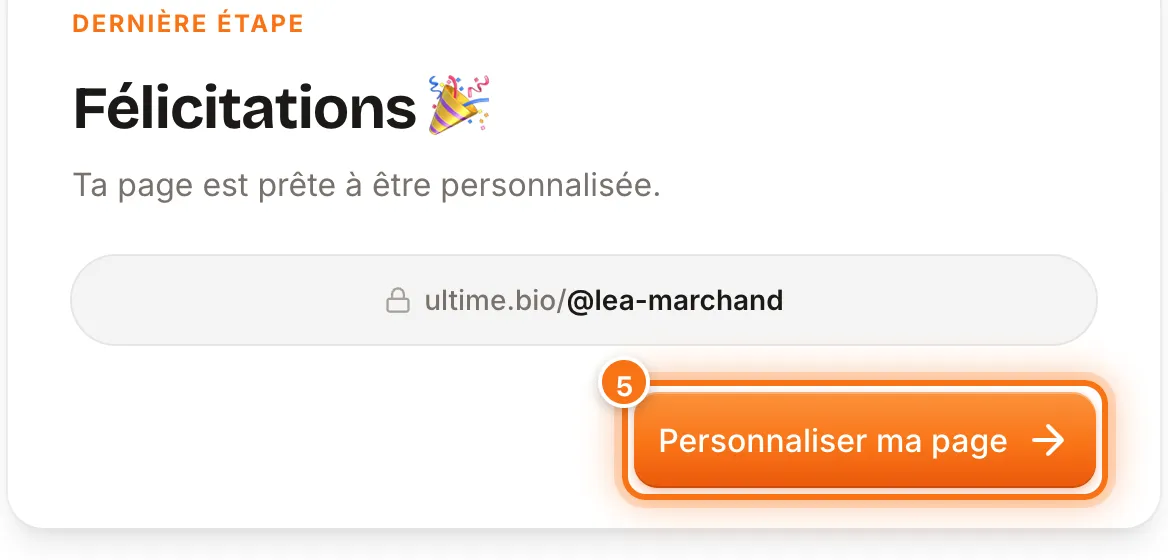 Écran « Félicitations » avec l’adresse ultime.bio/@lea-marchand et le bouton Personnaliser ma page mis en évidence