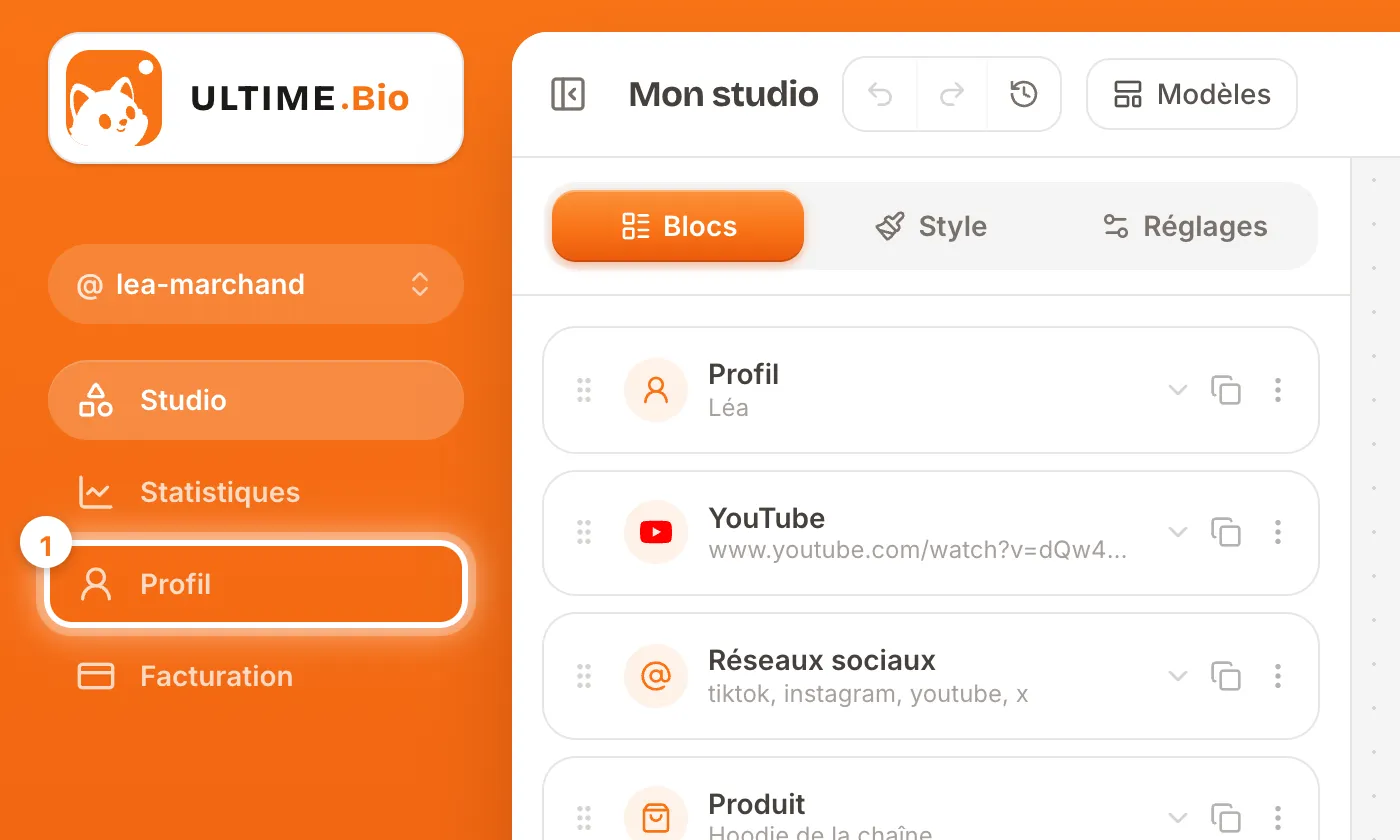 Menu de l’application ULTIME.Bio avec l’entrée Profil mise en évidence