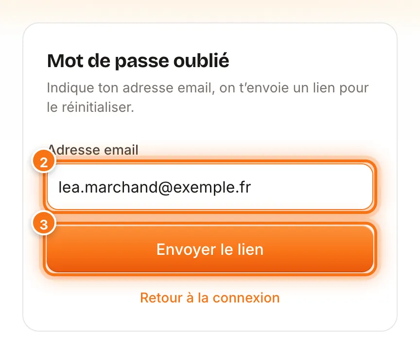 Écran Mot de passe oublié avec le champ Adresse email rempli et le bouton Envoyer le lien mis en évidence