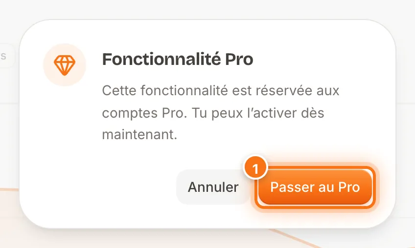 Fenêtre « Fonctionnalité Pro » ouverte après un clic sur 90 jours, avec le bouton Passer au Pro mis en évidence