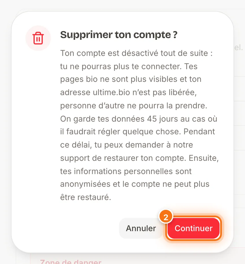 Fenêtre « Supprimer ton compte ? » avec le bouton Continuer mis en évidence