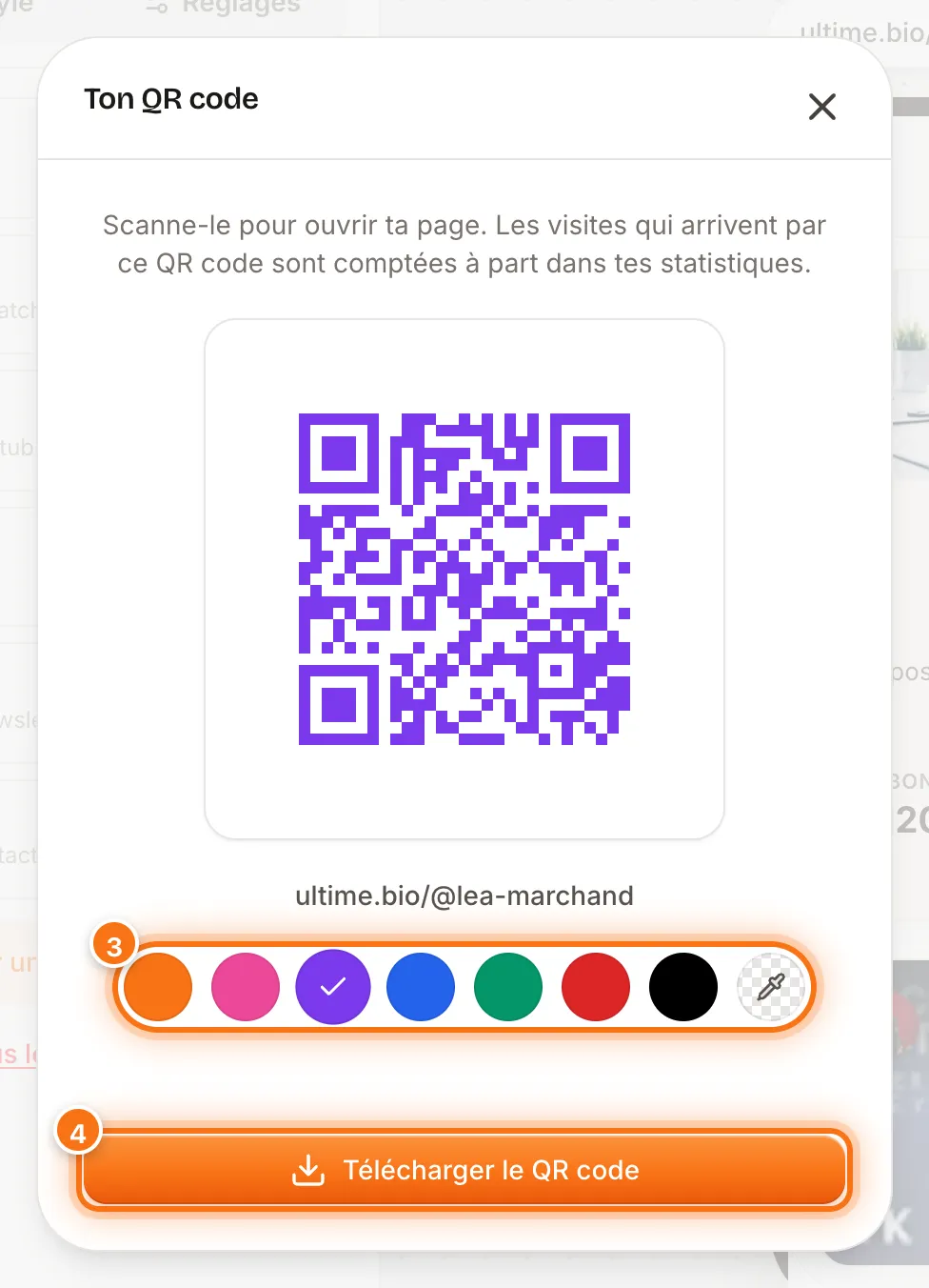 Fenêtre « Ton QR code » avec un QR code violet, la rangée de couleurs et le bouton Télécharger le QR code mis en évidence