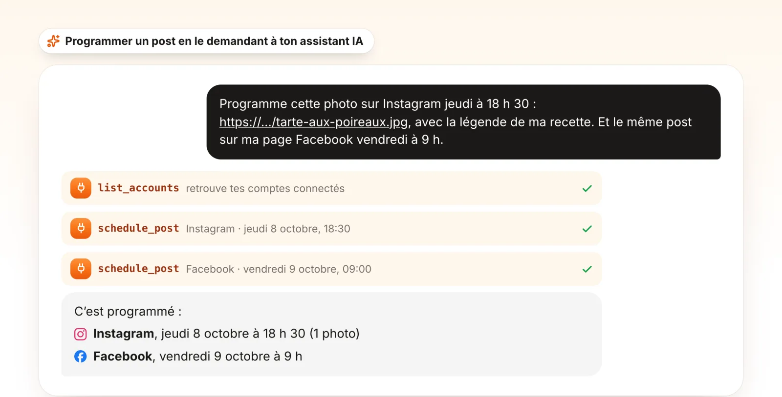 Aperçu illustratif d’une conversation avec une IA branchée sur Plus Tard par le MCP : la demande de programmer une photo sur Instagram jeudi à 18 h 30 et le même post sur Facebook vendredi à 9 h, les appels list_accounts et schedule_post, puis la confirmation