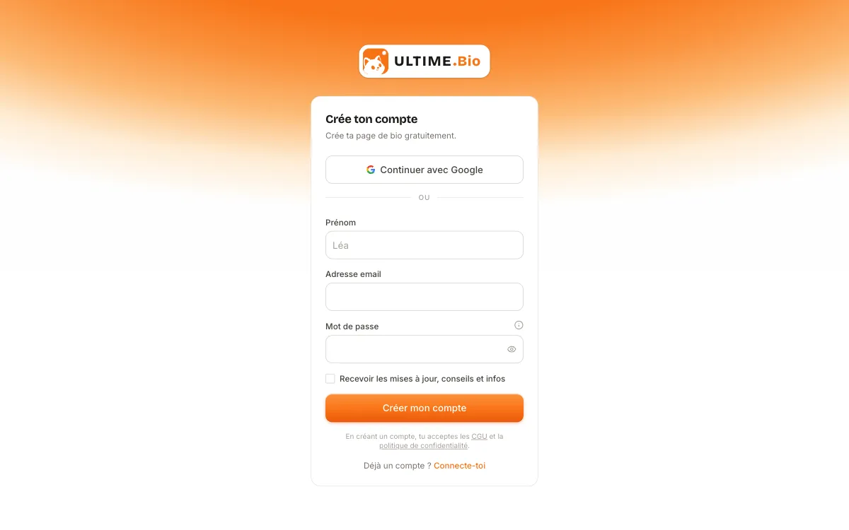 Écran « Crée ton compte » avec le bouton « Continuer avec Google » au-dessus du formulaire