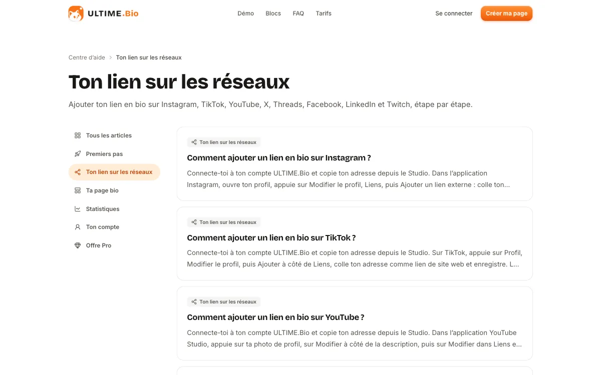 Catégorie « Ton lien sur les réseaux » du centre d’aide, avec la liste des guides par réseau