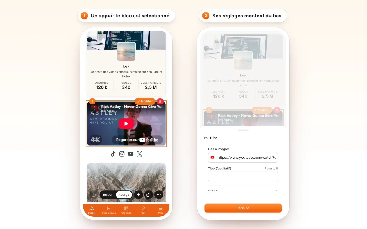 Le studio sur téléphone : à gauche un bloc sélectionné dans l’aperçu plein écran, à droite ses réglages ouverts dans un panneau monté du bas