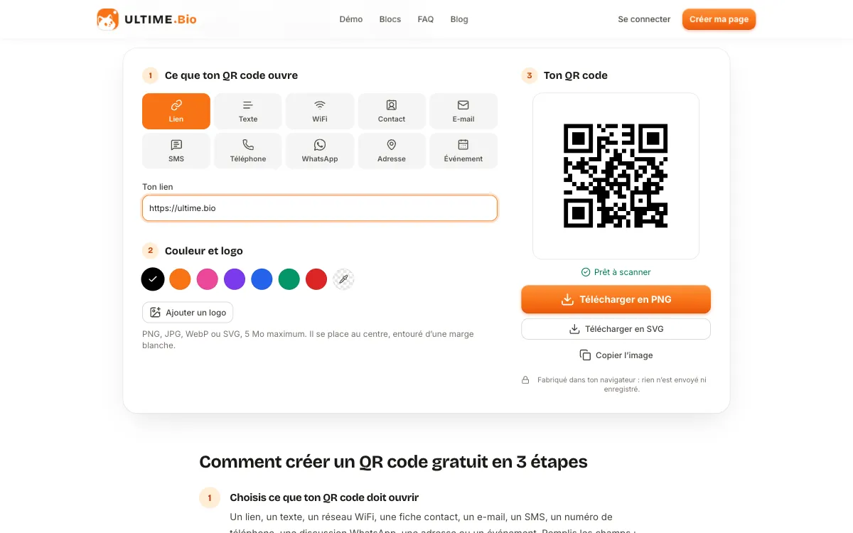 Le générateur de QR code : les dix types de contenu, le champ « Ton lien », le choix de la couleur et du logo, et le QR code prêt à télécharger en PNG ou en SVG